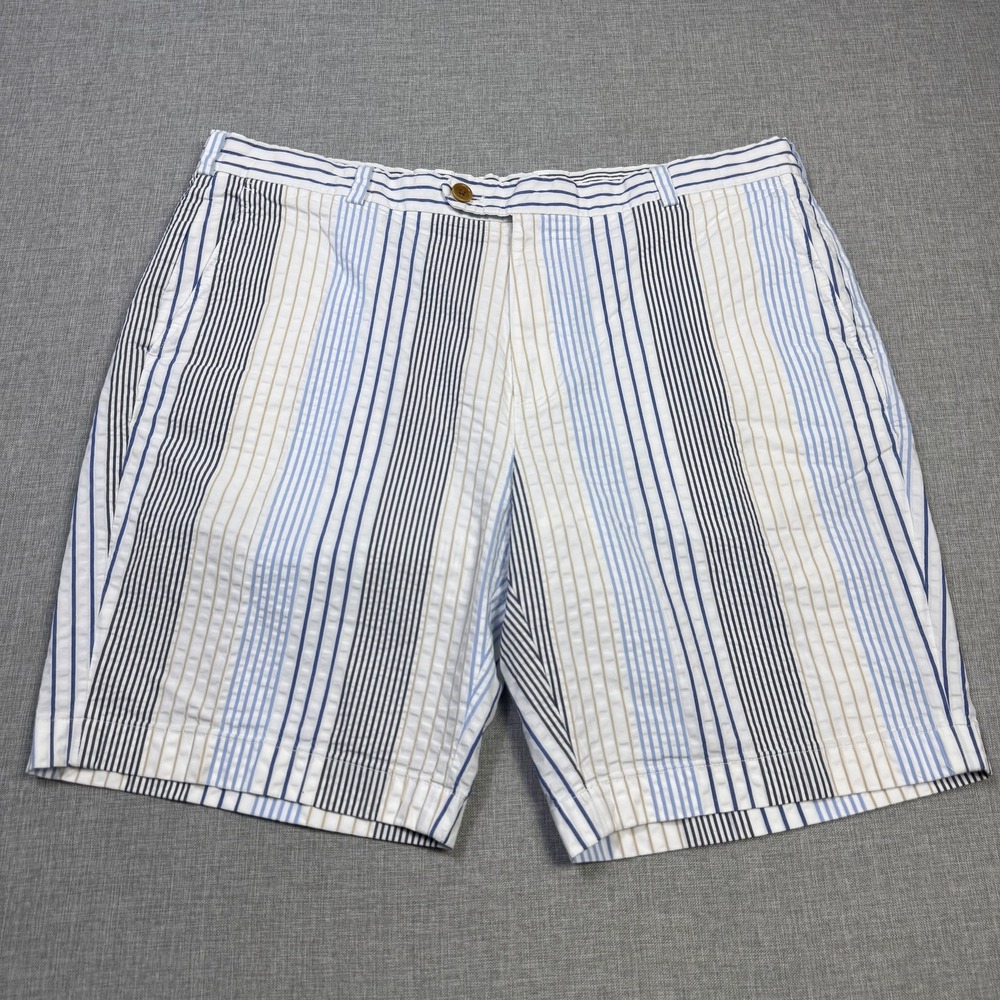 Brooks Brothers Seersucker Bermuda Shorts Men 40 White Blue Striped 9" Inseam